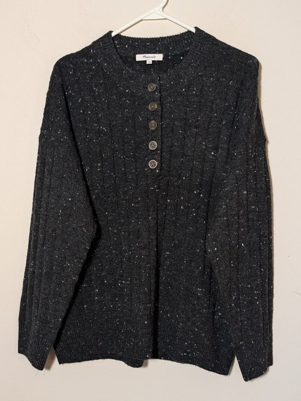 Madewell Donegal Rib Knit Henley Sweater Speckled Black Sz L Minimalist